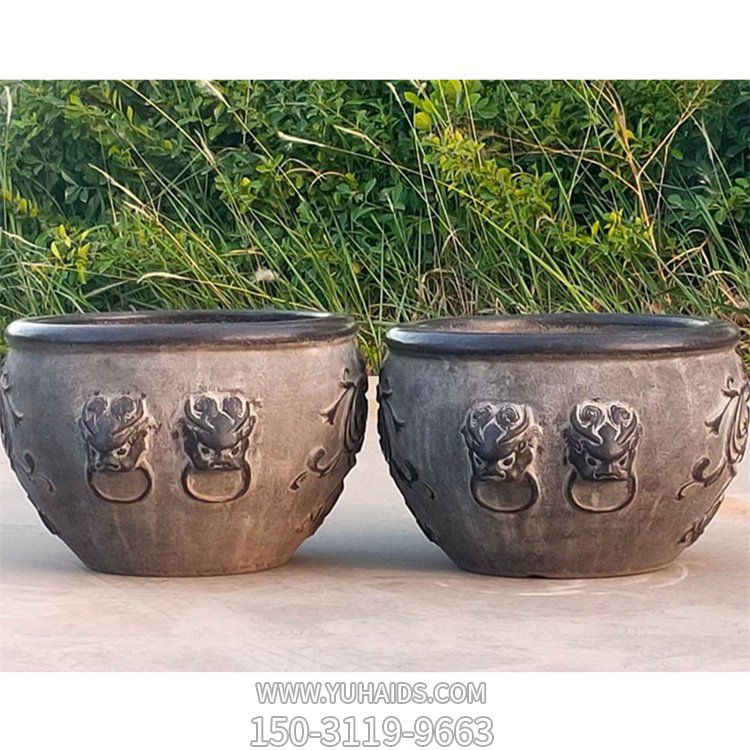 青石做舊圓形水缸庭院養魚荷花盆雕塑