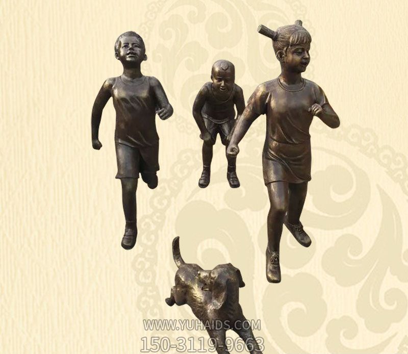 公園廣場創意不銹鋼仿銅小孩子追逐狗雕塑