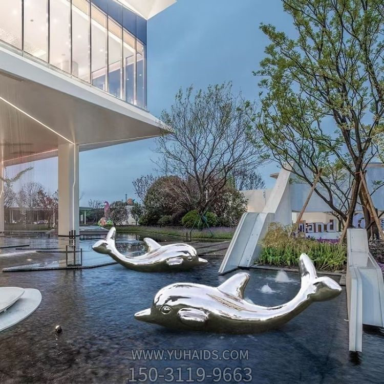 鏡面不銹鋼戶外噴泉水景海豚雕塑