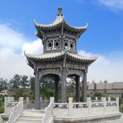 青石做舊鏤空雙層涼亭景區園林擺件