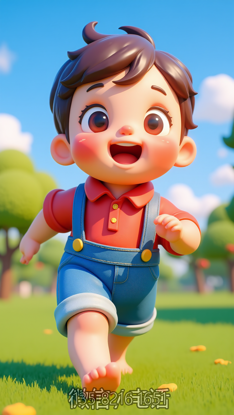 草地上奔跑的卡通小男孩雕塑