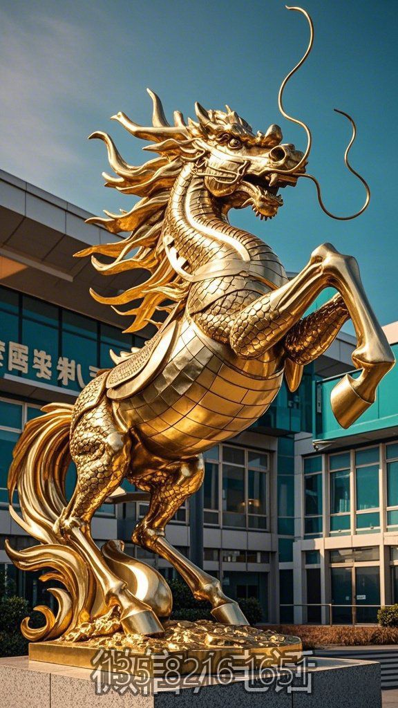 企業門口的金色不銹鋼龍馬雕塑