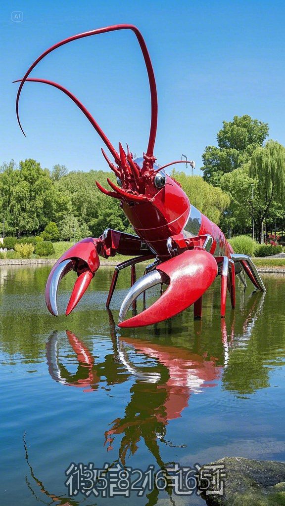 湖面創意不銹鋼仿真龍蝦雕塑