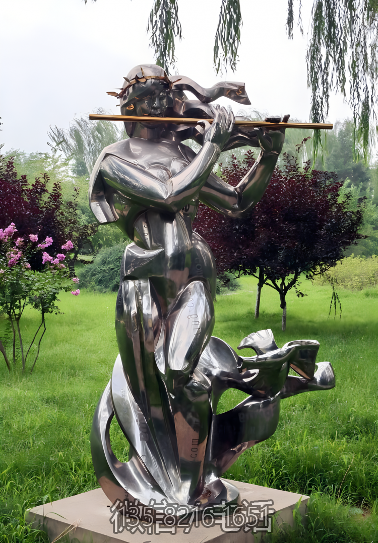 園林草坪不銹鋼抽象吹笛子的人物雕塑