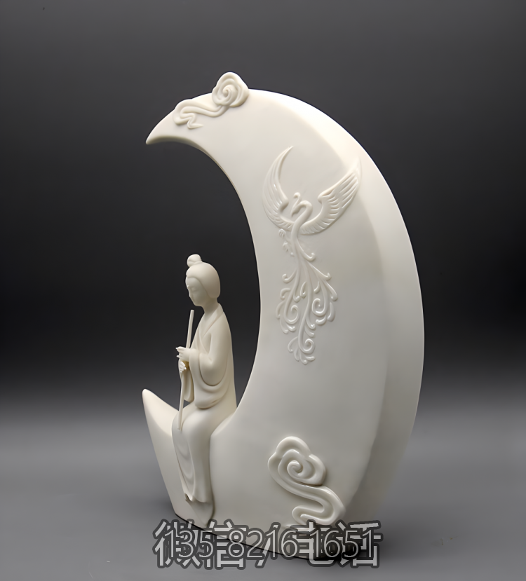 坐在月亮上吹簫的古代美女漢白玉石雕景觀
