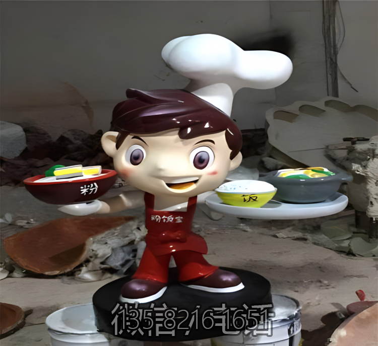 飯店端盤子上菜的卡通廚師小子雕塑