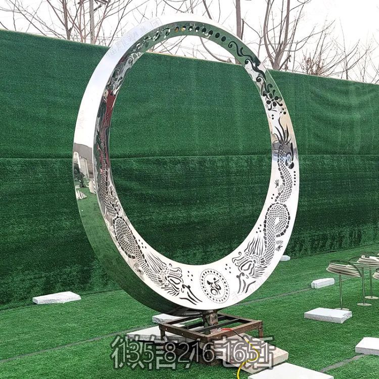 不銹鋼鏤空龍鳳花紋鏡面圓環雕塑 不銹鋼鏤空龍鳳花紋鏡面圓環雕塑
