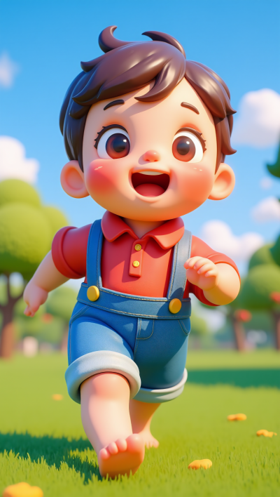 草地上奔跑的卡通小男孩雕塑