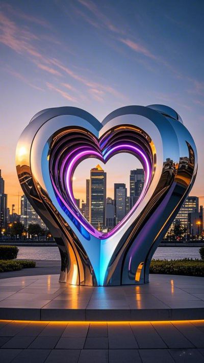 鏡面發光不銹鋼比心雕塑