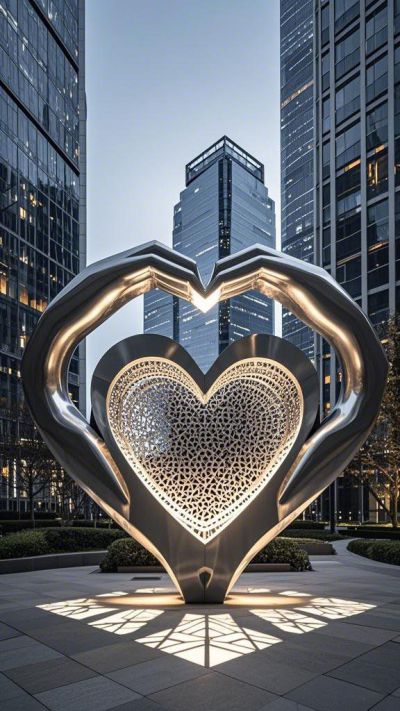 不銹鋼比心鏤空發光心形雕塑