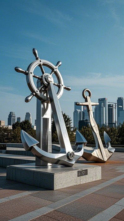 鏡面不銹鋼船錨和船舵雕塑