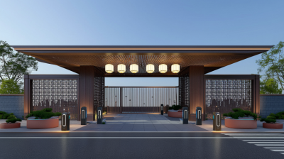 小區中式不銹鋼大門門頭造型