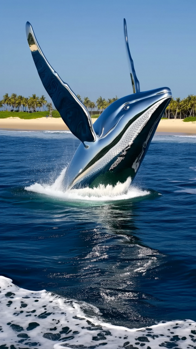 出水鯨魚鏡面不銹鋼雕塑