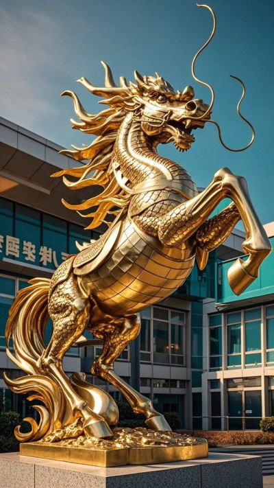 企業門口的金色不銹鋼龍馬雕塑