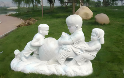 童趣景觀草坪擺件漢白玉石雕拔蘿卜的小孩雕塑