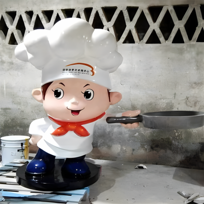 手拿平底鍋的玻璃鋼卡通廚師雕塑擺件