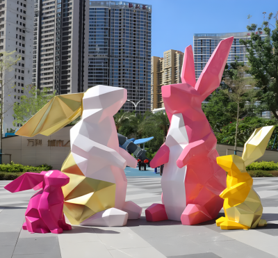 園林定制玻璃鋼幾何動物景觀裝飾不銹鋼塊面兔子雕塑