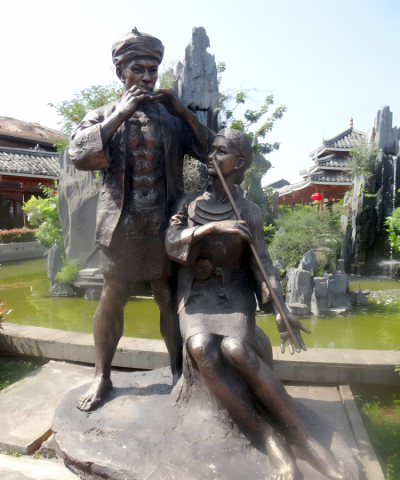 吹奏樂器的少數民族情景人物銅雕吹奏雕塑