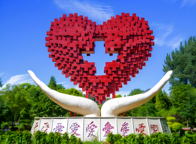 雙手托起十字愛心的不銹鋼景觀雕塑