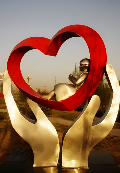 呵護，不銹鋼手捧愛心小女孩的雕塑